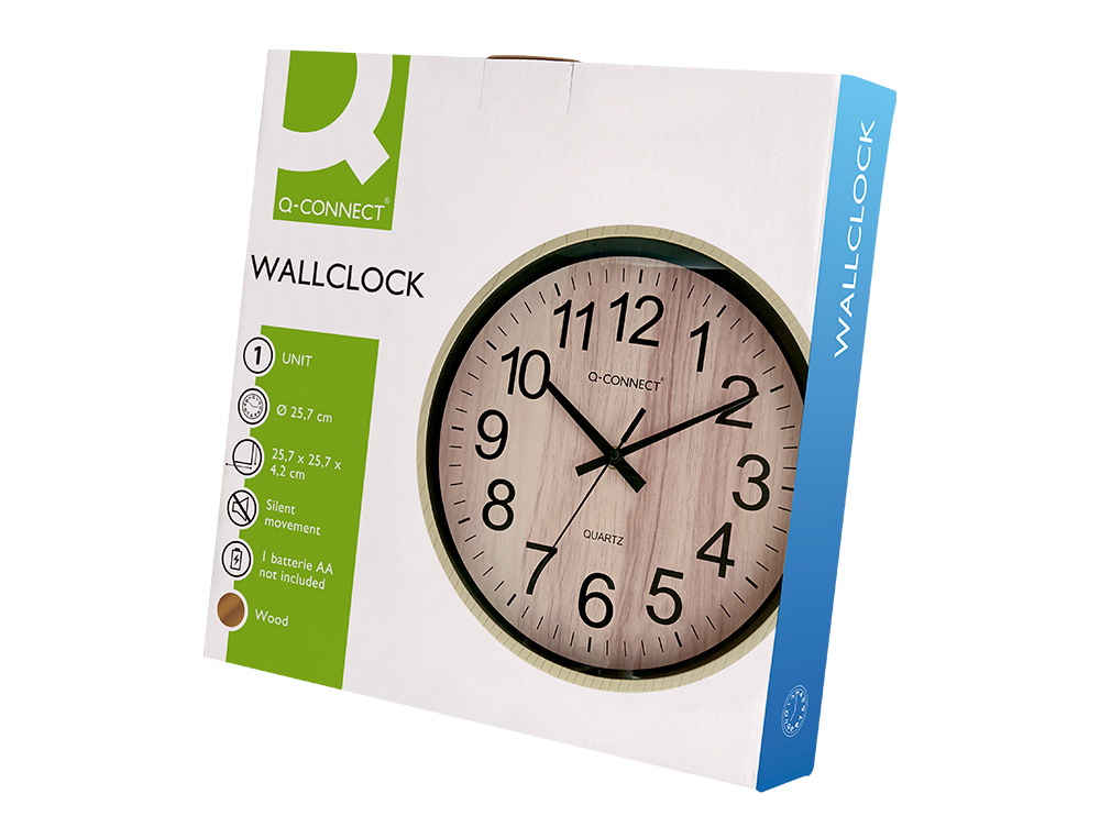 Q-CONNECT - RELOJ DE PARED DE PLASTICO REDONDO 25,7 CM MOVIMIENTO SILENCIOSO COLOR MADERA NATURAL (Ref.KF16952)