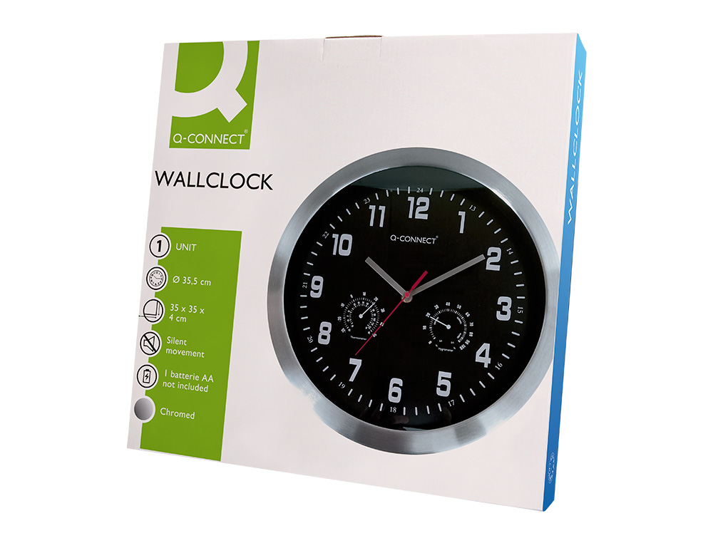Q-CONNECT - RELOJ DE PARED METALICO REDONDO 35,5 CM MOVIMIENTO SILENCIOSO COLOR CROMADO CON ESFERA NEGRA (Ref.KF16953)