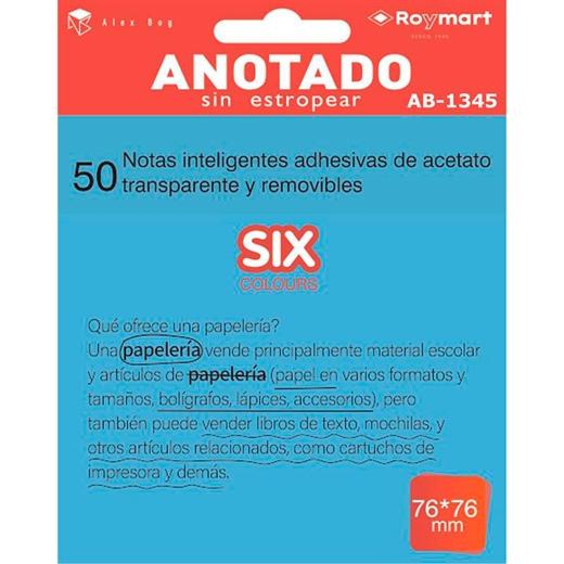 ROYMART - BLOC NOTAS ADHESIVAS INTELIGENTES REMOVIBLES TRANSPARENTES 50H 76X76MM ACETATO AZUL FLÚOR (Ref.AB-1345)