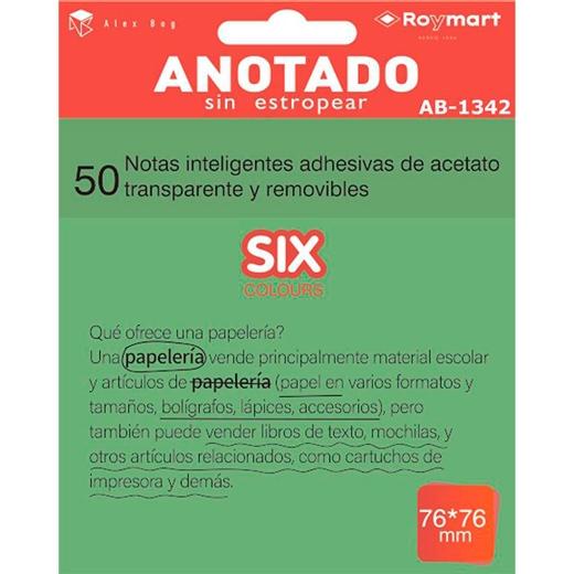 ROYMART - BLOC NOTAS ADHESIVAS INTELIGENTES REMOVIBLES TRANSPARENTES 50H 76X76MM ACETATO VERDE FLÚOR (Ref.AB-1342)