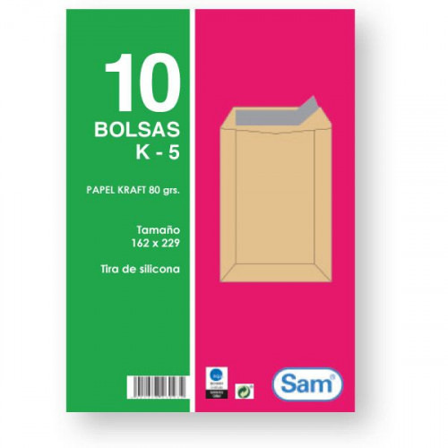 SAM - PAQUETES DE 10 BOLSAS KRAFT, CON TIRA DE SILICONA TAMAÑO 162X229 80 GRS. (Ref.665098)