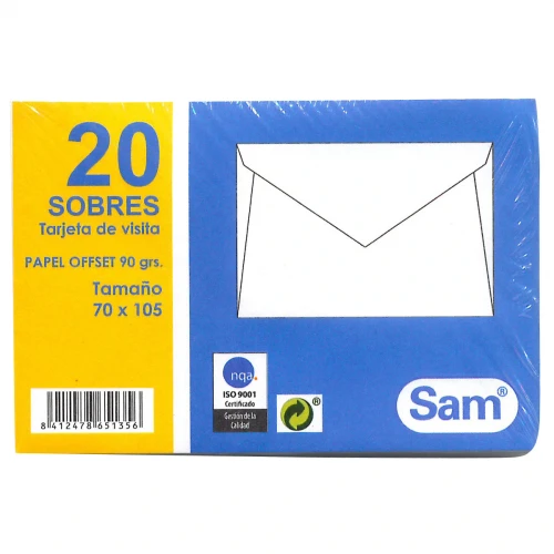 SAM - PAQUETES DE 20 SOBRES TARJETA DE VISITA, OFFSET BLANCO 70X105, 90 GRS. ENGOMADO (Ref.665135)