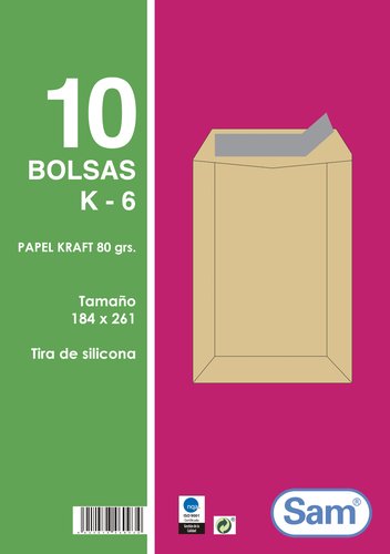 SAM - SOBRE-BOLSA 184x261 KRAFT 80g (SILICONA) PAQUETE DE 10 (Ref.PQ.10 K6)