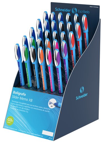 SCHNEIDER - BOLIGRAFO SLIDER MEMO XB EXPOSITOR de 30
10x 150203 AZUL
 9x 150201 NEGRO
 3x 150202 ROJO
 2x 150204 VERDE
 2x 150206 NARANJA
 2x 150208 VIOLETA
 2x 150209 ROSA (Ref.304044)
