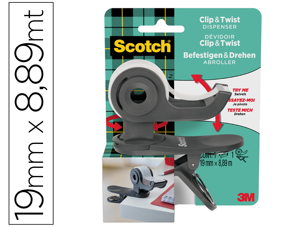 SCOTCH - PORTARROLLOS CLIP&TWIST C19 GRIS PIZARRA + CINTA MAGIC (Ref.C19-CLIP-CG-EMEA)