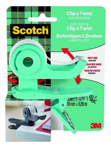 SCOTCH - PORTARROLLOS CLIP&TWIST C19 VERDE AGUA + CINTA MAGIC (Ref.C19-CLIP-TL-EMEA)
