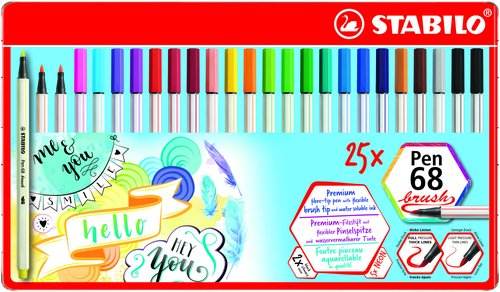STABILO - ROTULADOR FIBRA PEN 68 BRUSH PUNTA PINCEL CAJA METAL de 25 (Ref.568/25-32)