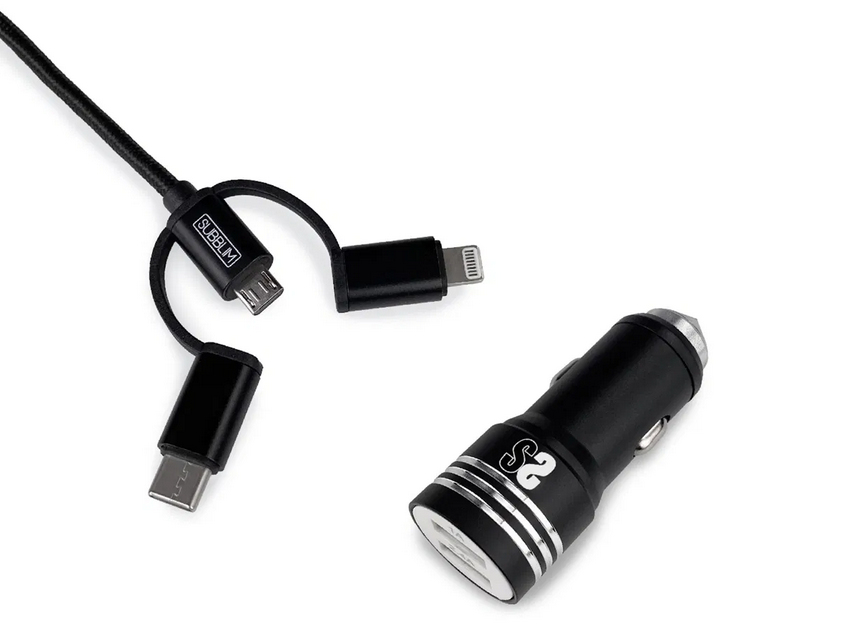 SUBBLIM - Cargador Coche 2xUSB Dual Car Charger Alum 2.4A + Cable 3 in 1 Black (Ref.SUB-CHG-4CC002)