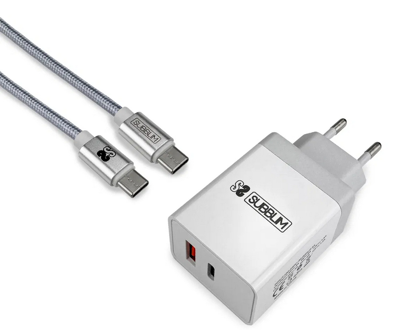 SUBBLIM - CARGADOR ULTRA RAPIDO 2xUSB DE PARED PD18W+2.4A + Cable C to C Blanco (Ref.SUB-CHG-3WPD01)