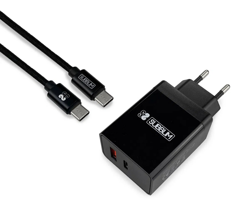 SUBBLIM - CARGADOR ULTRA RAPIDO 2xUSB DE PARED PD18W+2.4A + Cable C to C Negro (Ref.SUB-CHG-3WPD02)