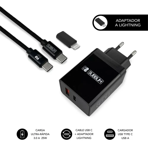 SUBBLIM - CARGADOR ULTRA RAPIDO 2xUSB DE PARED PD25W+QC3.0+Cable C to C y lightning Negro (Ref.SUBCHG-3WPD11)
