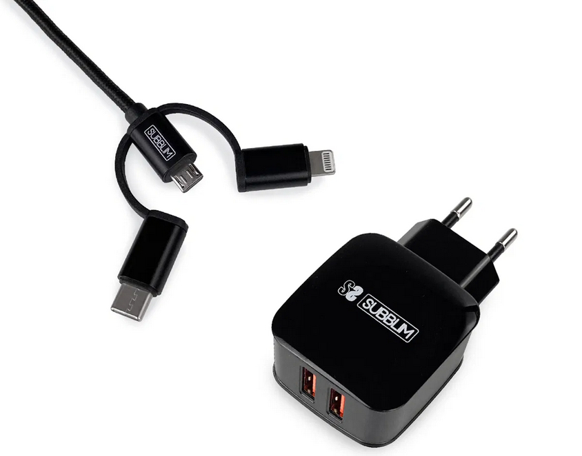 SUBBLIM - CARGADOR USB DE VIAJE/PARED 2xUSB (2.4A) + CABLE 3EN1 BLACK Negro Interior (Ref.SUB-CHG-1ZWC02)