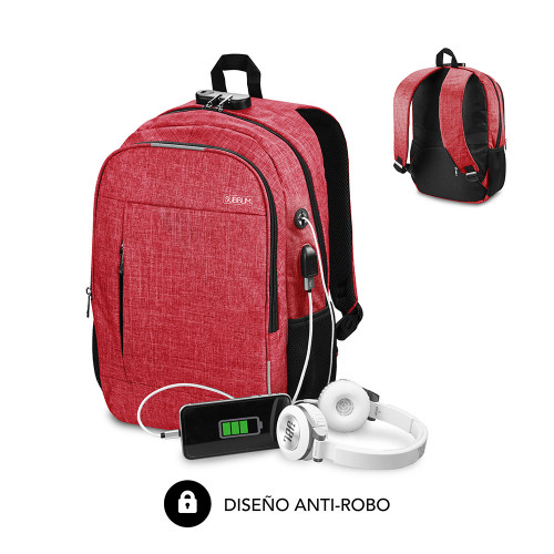 SUBBLIM - Mochila para Portátil Urban Lock Backpack 16" Red (Ref.SUB-BP-1UL0002)