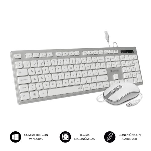 SUBBLIM - Teclado Ergonómico y ratón con cable USB Plano Silencioso Plateado/Blanco Ergo (Ref.SUBKBC-CEKE60)