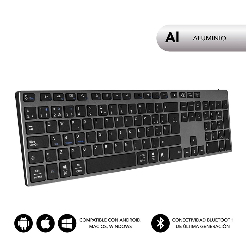 SUBBLIM - Teclado Wireless Bluetooth Aluminio Advance Extended Grey (Ref.SUB-KB-3ADE301)