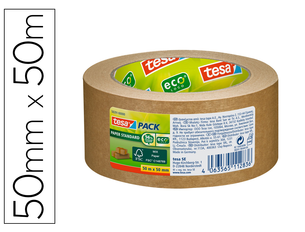 TESA - CINTA DE EMBALAJE PACK ESTÁNDAR ECOLOGO ROLLO 50MX50MM PAPEL MARRÓN (Ref.58291-00000-01)