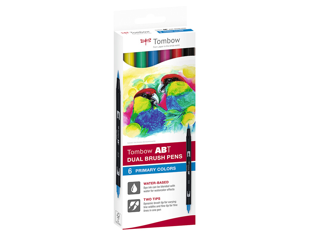 TOMBOW - ESTUCHE 6 ROTULADORES DOBLE PUNTA PINCEL COLORES PRIMARIOS DUAL BRUSH (CAJA CARTÓN) (Ref.ABT-6C-1)