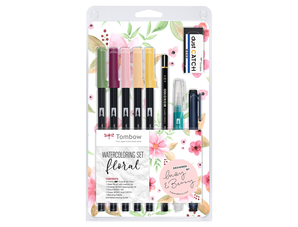 TOMBOW - KIT WATERCOLORING SET FLORAL (1X ABT-192,757,772,910,991; WS-EFL03; MONO-100-H; EN-DC; WB-ME-1P; PALETA DE MEZCLAS; INSTRUCCIONES) (Ref.WCS-FL)