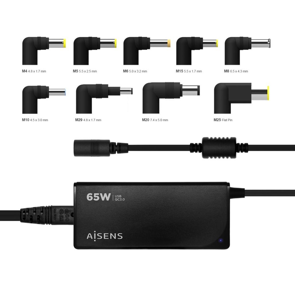 TOOQ - AISENS CARGADOR 65W AUTOMATICO UNIVERSAL MULTITENSION CON 9 CONECTORES + USB-A QC.3.0 (Ref.ASLC-65WAUTO-BK)