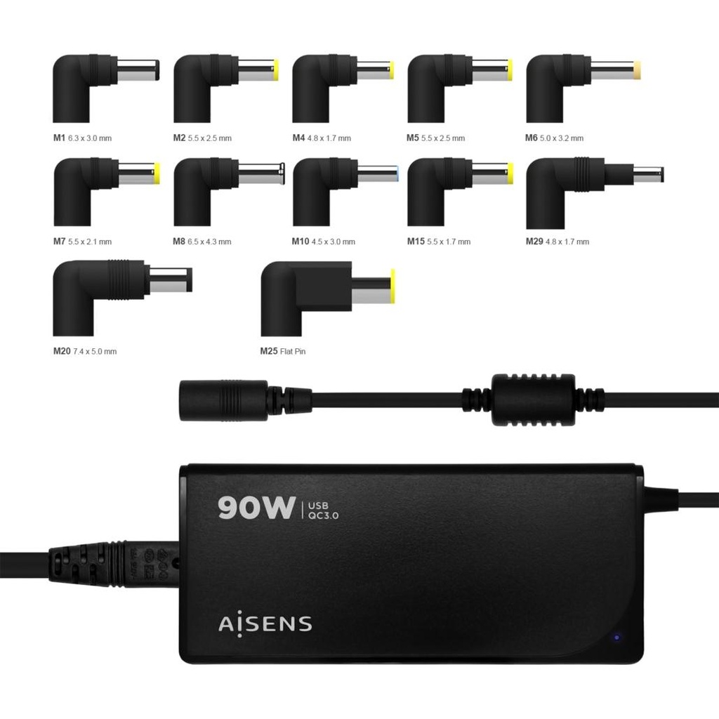TOOQ - AISENS CARGADOR 90W AUTOMATICO UNIVERSAL MULTITENSION CON 12 CONECTORES + USB-A QC.3.0 (Ref.ASLC-90WAUTO-BK)