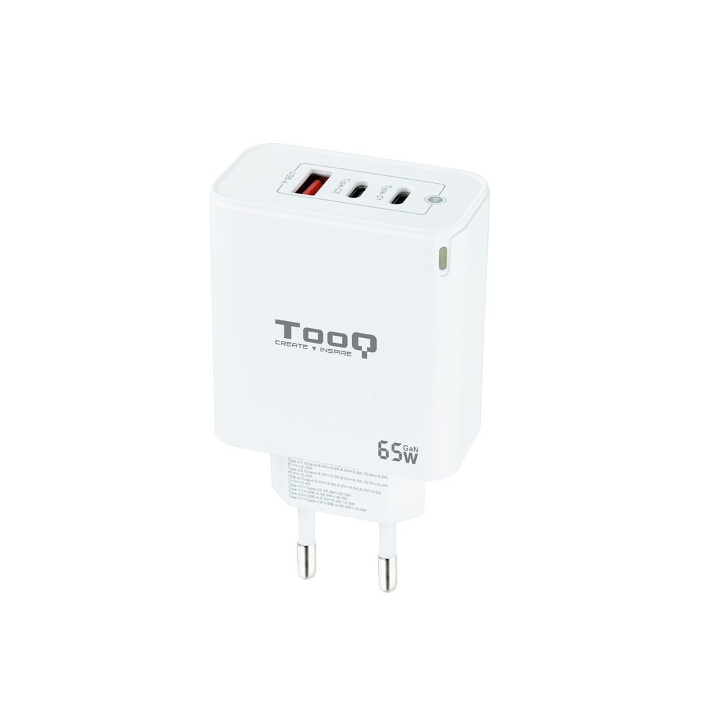 TOOQ - Cargador pared GAN 2xUSB-C 1xUSB-A 65W (Ref.TQWC-GANQC2PD65WT)