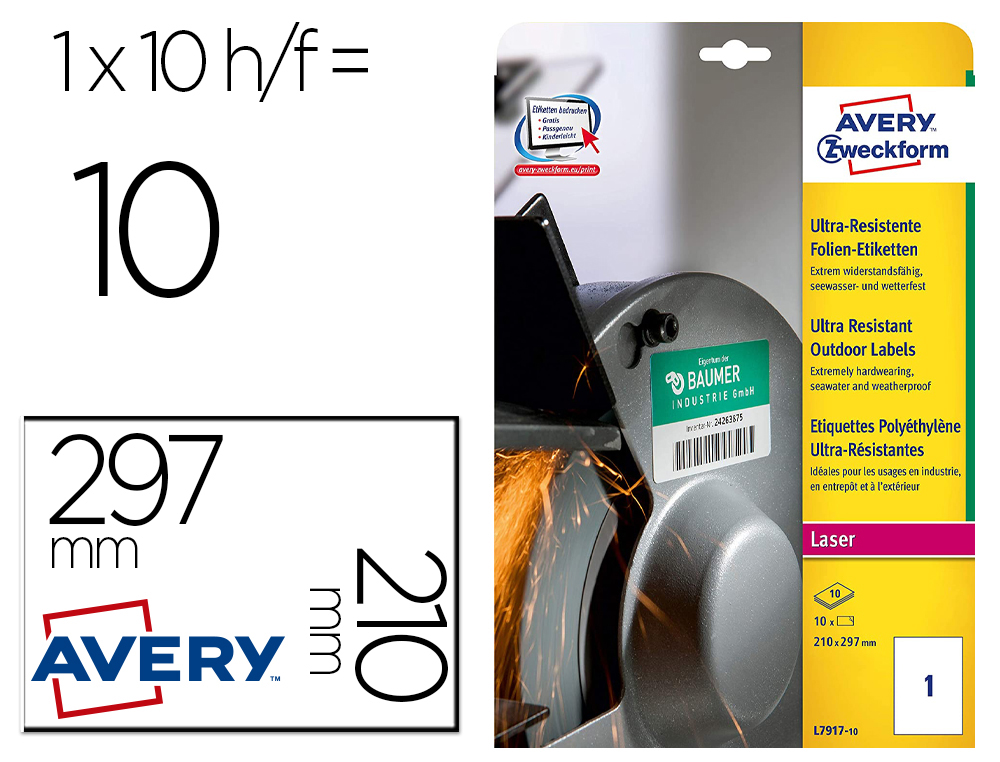 AVERY - Caja 10 h., 10 etiq., 210x297mm, blancas muy resistentes polietileno,imresora láser (Ref.L7917-10)