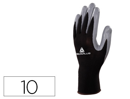 DELTAPLUS - GUANTE DE PUNTO POLIESTER PALMA DE NITRILO ESPECIAL PARA MECANICA GRASAS ACEITES NEGRO-GRIS TALLA 10 (Ref.VE712GR-10)