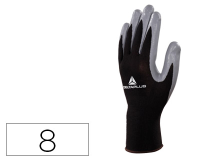 DELTAPLUS - GUANTE DE PUNTO POLIESTER PALMA DE NITRILO ESPECIAL PARA MECANICA GRASAS ACEITES NEGRO-GRIS TALLA 8 (Ref.VE712GR-08)