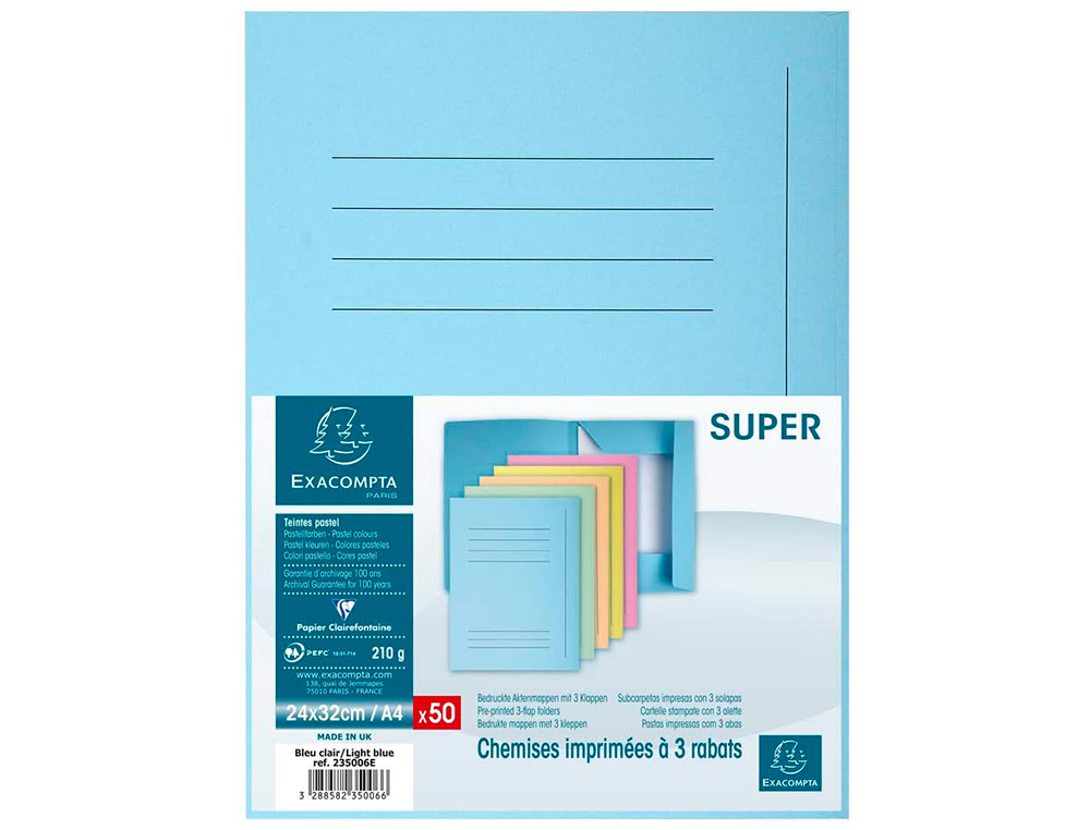 CLAIREFONTAINE - Subcarpetas Jura 250 Caja 50 ud A4 Cartulina 3 solapas Azul (Ref.235006E)