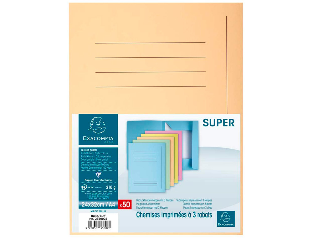 CLAIREFONTAINE - Subcarpetas Jura 250 Caja 50 ud A4 Cartulina 3 solapas Beige (Ref.235002E)