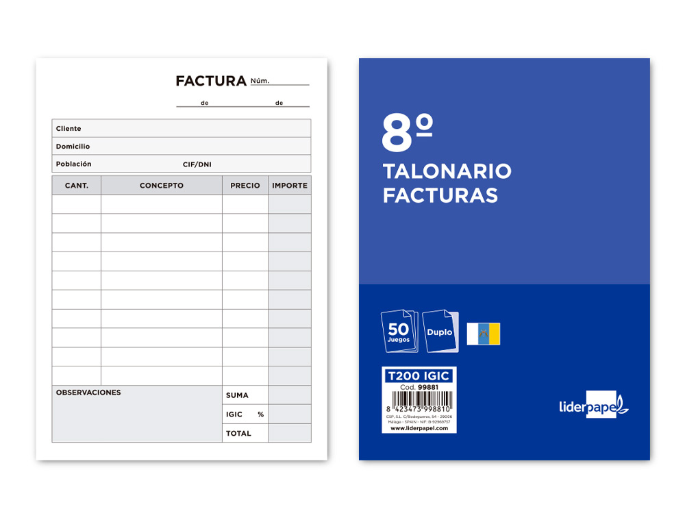 LIDERPAPEL - TALONARIO FACTURAS 8º ORIGINAL Y COPIA T200 CON I.G.I.C (Ref.T200)