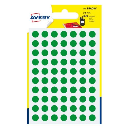 AVERY - Sobre 420 etiquetas redondas verde 8mm. (Ref.PSA08V)