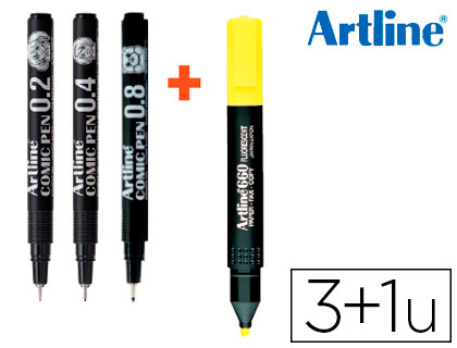 ARTLINE - ROTULADOR COMIC PEN CALIBRADO MICROMETRICO NEGRO BOLSA DE 3 UDS 0,2 0,4 0,8 + FLUORESCENTE 660 (Ref.EK-280/3W + 1 660)