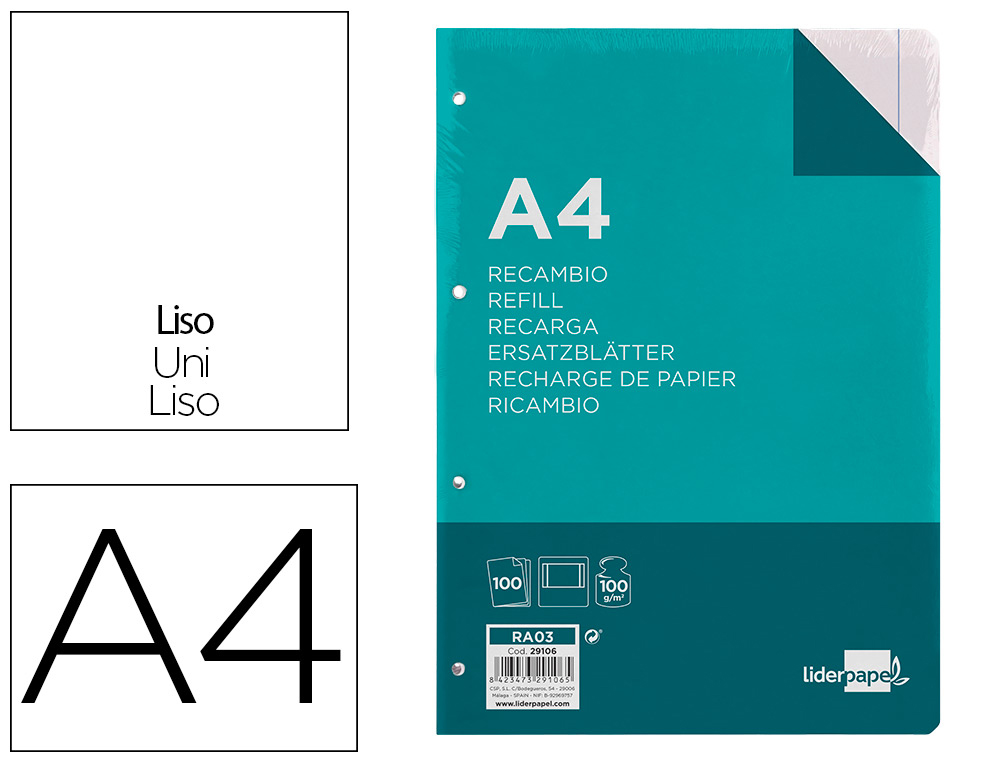 LIDERPAPEL - RECAMBIO A4 100 HOJAS 100G/M2 LISO CON MARGEN 4 TALADROS (Ref.RA03)