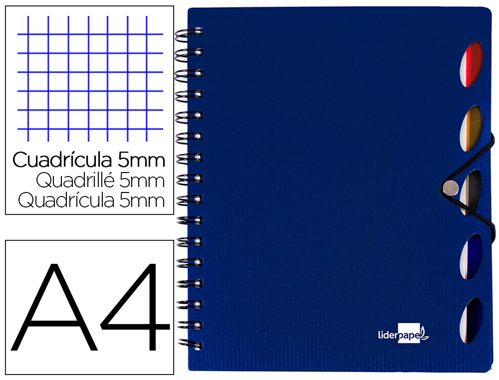 LIDERPAPEL - CUADERNO ESPIRAL A4 MICRO EXECUTIVE TAPA PLASTICO 100H 80 GR CUADRO 5MM 5 SEPARADORES CON GOMILLA AZUL (Ref.BE18)