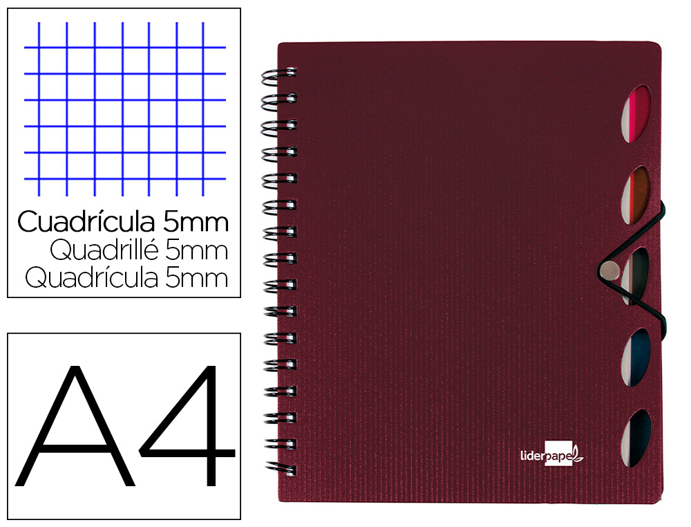 LIDERPAPEL - CUADERNO ESPIRAL A4 MICRO EXECUTIVE TAPA PLASTICO 100H 80 GR CUADRO 5MM 5 SEPARADORES CON GOMILLA BURDEOS (Ref.BE19)