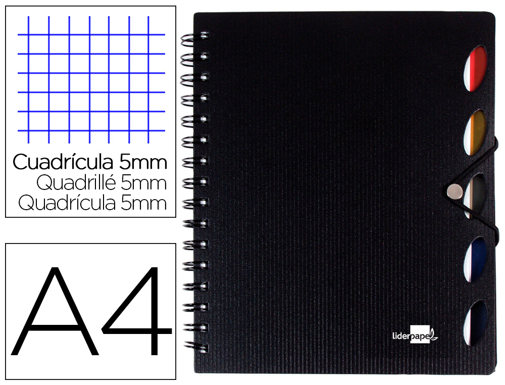 LIDERPAPEL - CUADERNO ESPIRAL A4 MICRO EXECUTIVE TAPA PLASTICO 100H 80 GR CUADRO 5MM 5 SEPARADORES CON GOMILLA NEGRO (Ref.BE20)