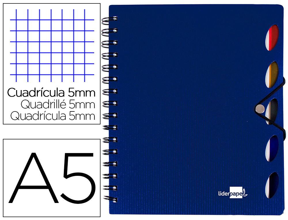 LIDERPAPEL - CUADERNO ESPIRAL A5 MICRO EXECUTIVE TAPA PLASTICO 100H 80 GR CUADRO 5MM 5 SEPARADORES CON GOMILLA AZUL (Ref.BJ34)