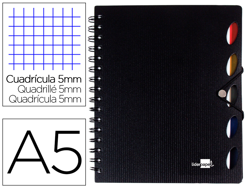 LIDERPAPEL - CUADERNO ESPIRAL A5 MICRO EXECUTIVE TAPA PLASTICO 100H 80 GR CUADRO 5MM 5 SEPARADORES CON GOMILLA NEGRO (Ref.BJ36)