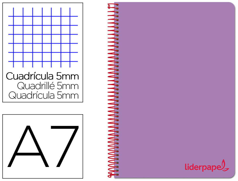 LIDERPAPEL - CUADERNO ESPIRAL A7 MICRO THINK TAPA PLASTICO 100H 70G CUADRO 5MM 4 BANDAS VIOLETA (Ref.BG08)