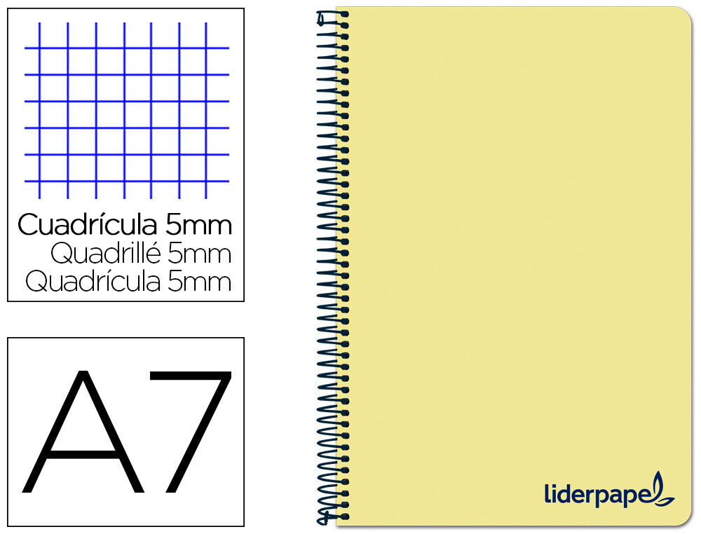 LIDERPAPEL - CUADERNO ESPIRAL A7 MICRO THINK TAPA PLASTICO 100H 70G CUADRO 5MM 4 BANDAS AMARILLO (Ref.BG09)