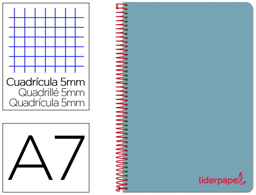 LIDERPAPEL - CUADERNO ESPIRAL A7 MICRO THINK TAPA PLASTICO 100H 70G CUADRO 5MM 4 BANDAS AZUL (Ref.BG04)