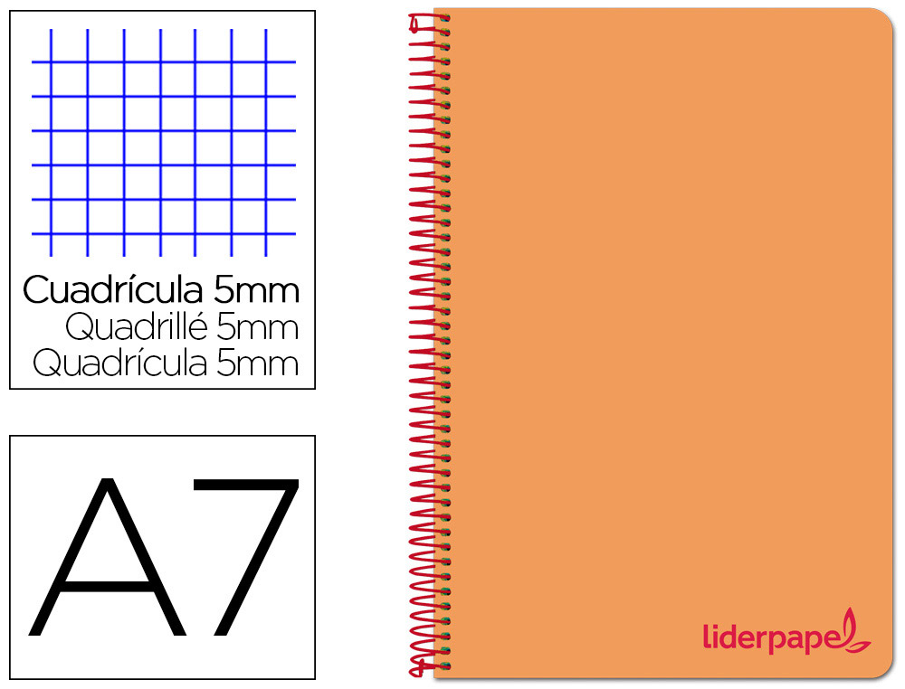LIDERPAPEL - CUADERNO ESPIRAL A7 MICRO THINK TAPA PLASTICO 100H 70G CUADRO 5MM 4 BANDAS NARANJA (Ref.BG07)