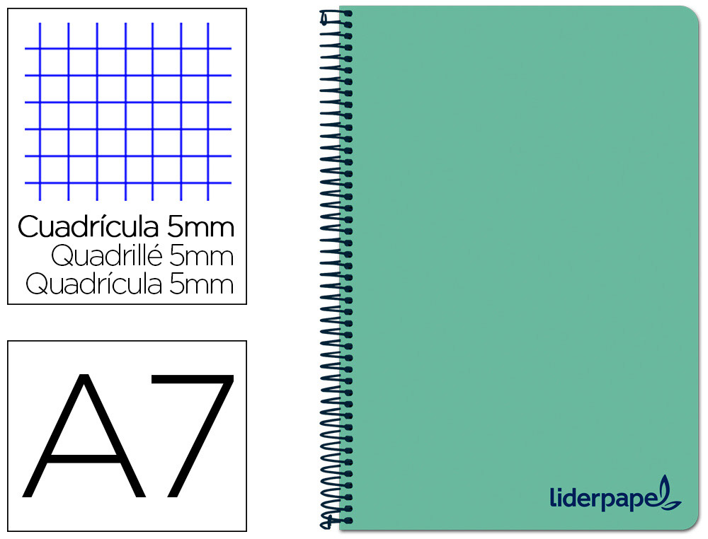 LIDERPAPEL - CUADERNO ESPIRAL A7 MICRO THINK TAPA PLASTICO 100H 70G CUADRO 5MM 4 BANDAS VERDE (Ref.BG06)