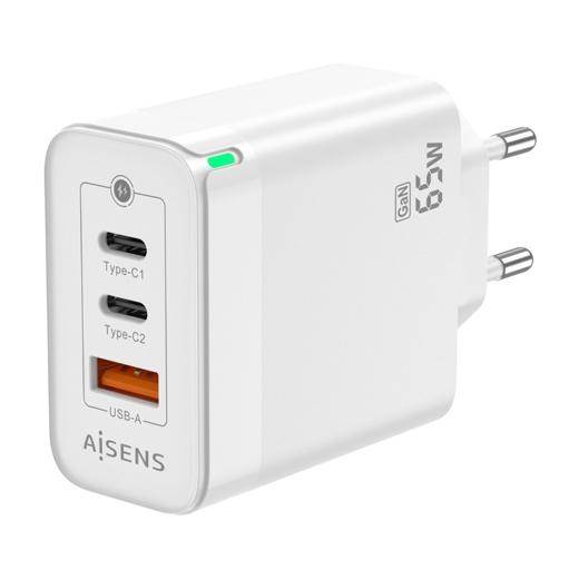 AISENS - CARGADOR GAN 65W, 2 USB-C PD3.0 QC4.0, 1 USB-A QC3.0 - BLANCO (Ref.ASCH-65W3P007-V)