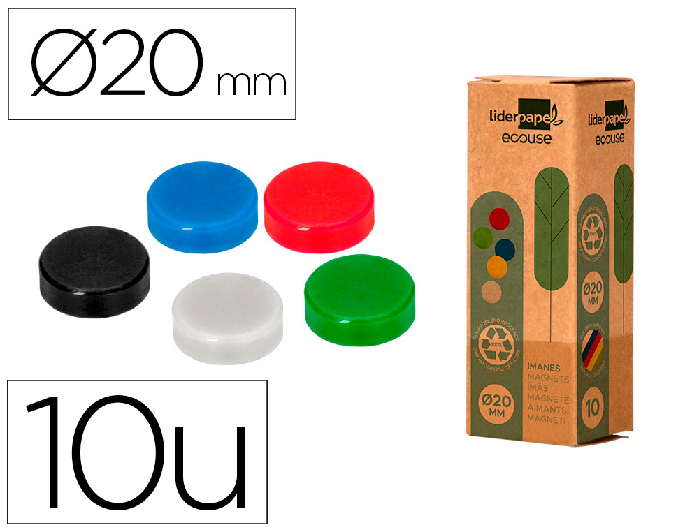 LIDERPAPEL- IMANES REDONDOS 20mm - Colores Surtidos - Caja 10u. (Ref.166338)