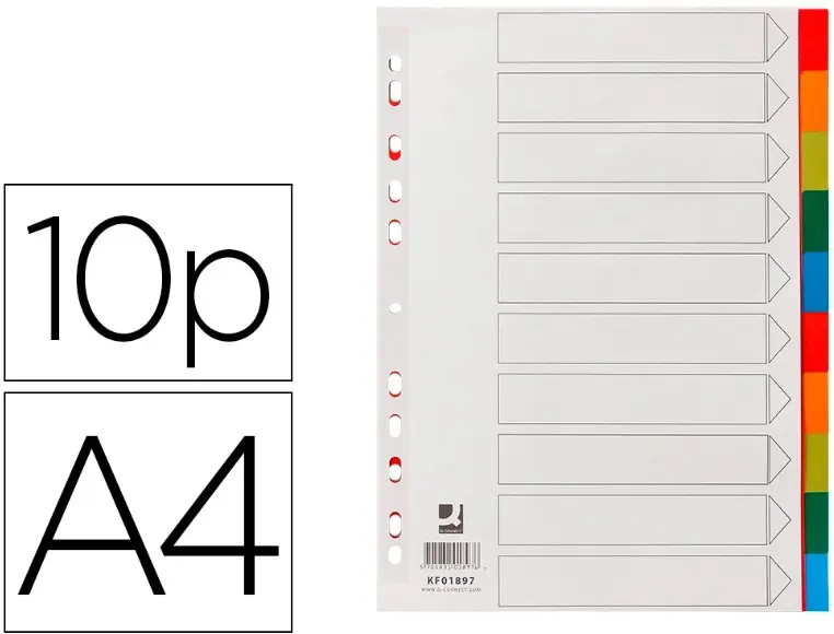 Q-CONNECT - Separadores 10 posiciones - A4 - 5 Colores - PVC de 125µ (Ref.KF01897)