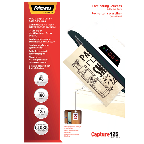 [21321768] FELLOWES - Pack 100 Bolsas Plastificar 125 Mic. Adesivas A3 (Ref.5329001)