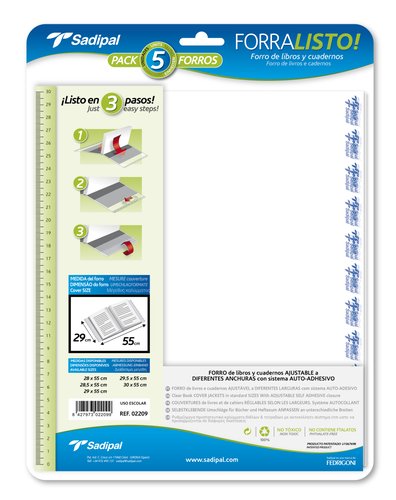 [1942421] SADIPAL - Blister 5 Forralibros en polipropileno 80 micras 29x55cm (Ref.02209)