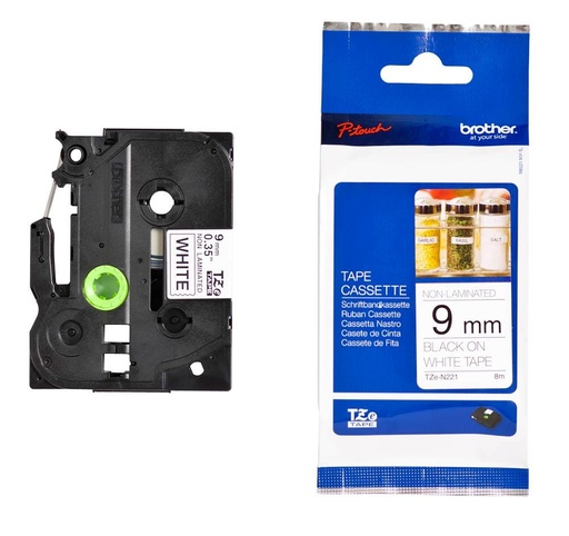[9929904] BROTHER - CINTA de ROTULAR NO LAMINADA 8m 9mm NEGRO sobre BLANCO (Ref.TZE-N221)